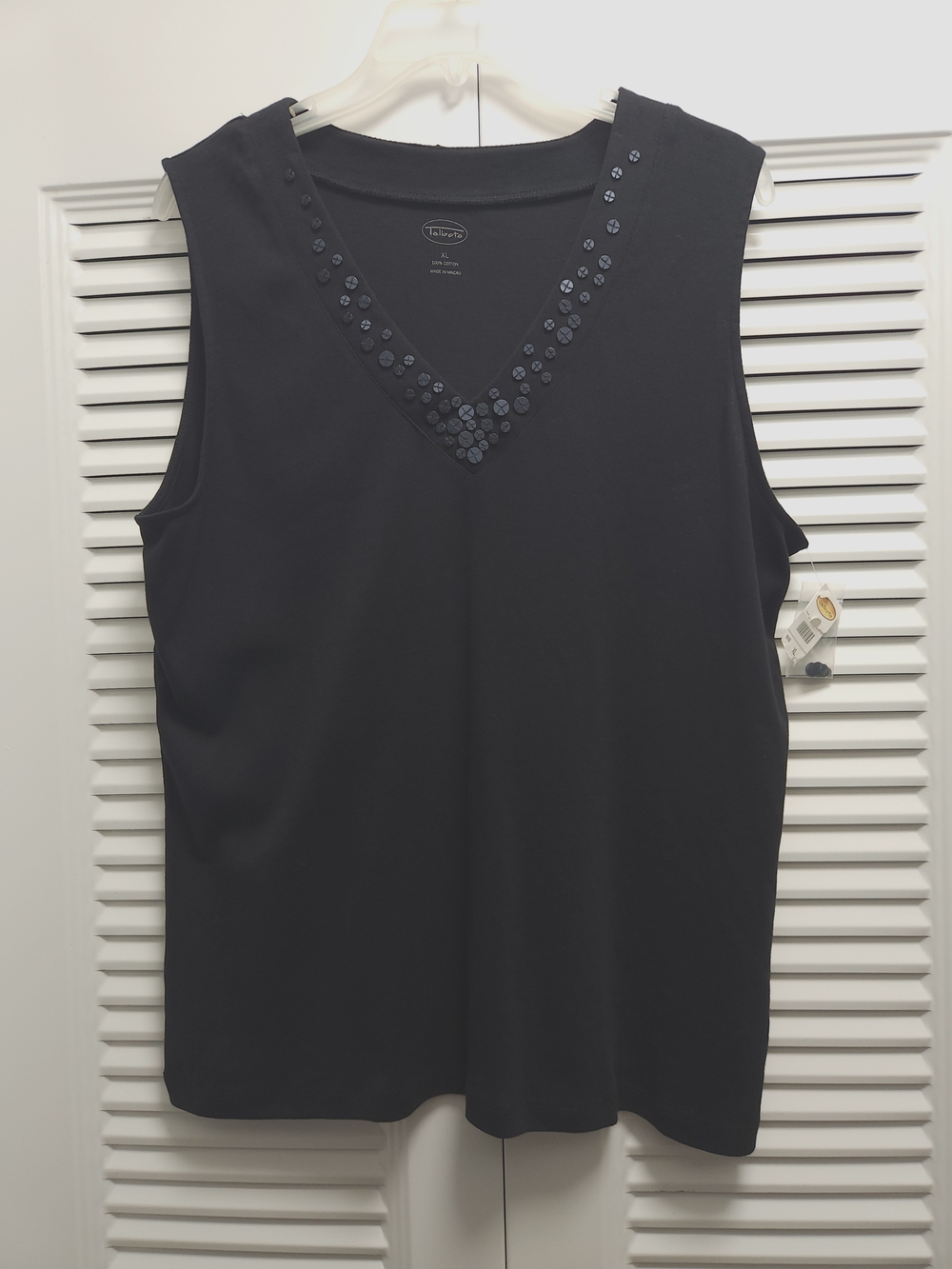 NWT Talbots XL Black Sleeveless V-Neck Top Beaded Neckline 100% Cotton